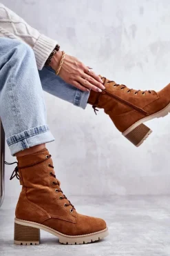 Discount Boto Damskie Ocieplane Botki Trapery Na Obcasie Camel Julieta Brązowy