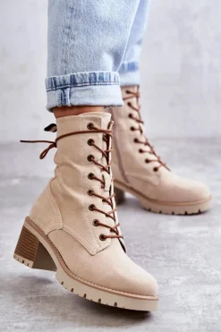 Boto Botki Ocieplane|Damskie Trapery*Damskie Ocieplane Botki Trapery Na Obcasie Beżowe Julieta