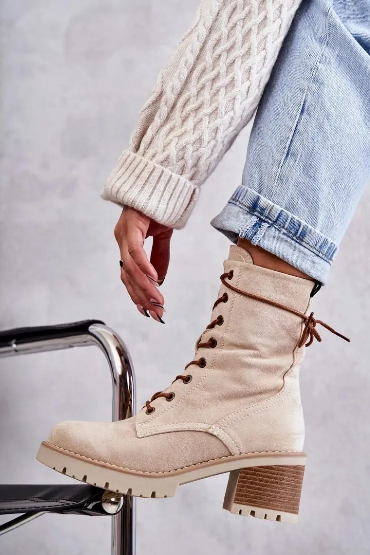 Boto Botki Ocieplane|Damskie Trapery*Damskie Ocieplane Botki Trapery Na Obcasie Beżowe Julieta