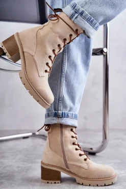 Boto Botki Ocieplane|Damskie Trapery*Damskie Ocieplane Botki Trapery Na Obcasie Beżowe Julieta