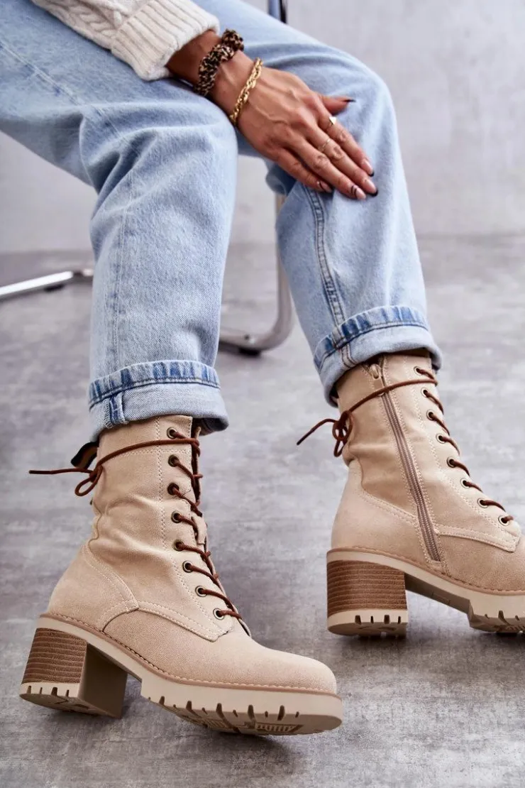 Boto Botki Ocieplane|Damskie Trapery*Damskie Ocieplane Botki Trapery Na Obcasie Beżowe Julieta