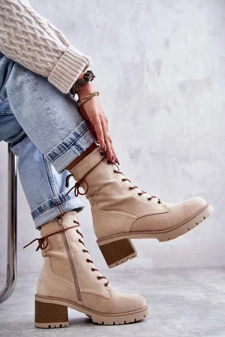 Boto Botki Ocieplane|Damskie Trapery*Damskie Ocieplane Botki Trapery Na Obcasie Beżowe Julieta