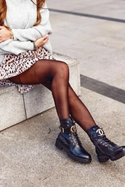 Boto Botki Sznurowane|Czarne Botki*Damskie Ocieplane Botki Workery Złota Klamra Czarne Gold