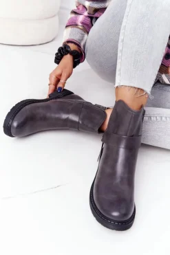 Damskie Boto Damskie Ocieplane Botki Workery Szare Alivia