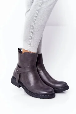 Damskie Boto Damskie Ocieplane Botki Workery Szare Alivia