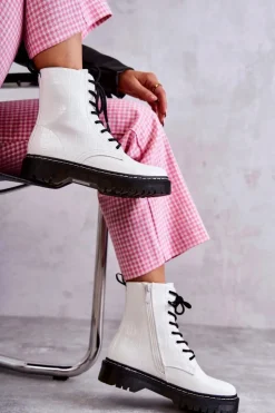 Boto Botki Sznurowane|Botki Zimowe Damskie*Damskie Ocieplane Botki Wężowe Białe Salma