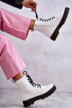 Boto Botki Sznurowane|Botki Zimowe Damskie*Damskie Ocieplane Botki Wężowe Białe Salma