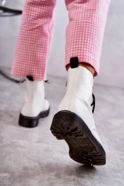 Boto Botki Sznurowane|Botki Zimowe Damskie*Damskie Ocieplane Botki Wężowe Białe Salma