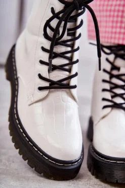 Boto Botki Sznurowane|Botki Zimowe Damskie*Damskie Ocieplane Botki Wężowe Białe Salma