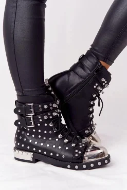 Boto Botki Sznurowane|Czarne Botki*Damskie Ocieplane Botki Workery Z Dżetami Czarne Lu Boo