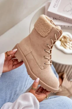 Outlet Boto Damskie Ocieplane Botki Workery Na Zamek Beżowe Mivael Beżowy