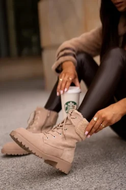 Outlet Boto Damskie Ocieplane Botki Workery Na Zamek Beżowe Mivael Beżowy