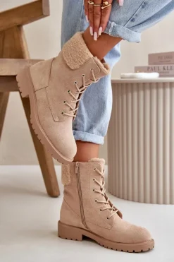 Outlet Boto Damskie Ocieplane Botki Workery Na Zamek Beżowe Mivael Beżowy