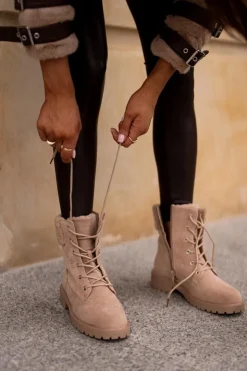 Outlet Boto Damskie Ocieplane Botki Workery Na Zamek Beżowe Mivael Beżowy