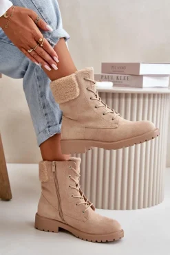 Outlet Boto Damskie Ocieplane Botki Workery Na Zamek Beżowe Mivael Beżowy