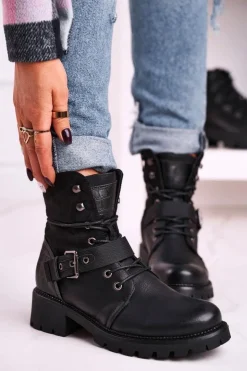 Boto Damskie Trapery|Botki Sznurowane*Damskie Ocieplane Botki Workery Czarne Strong