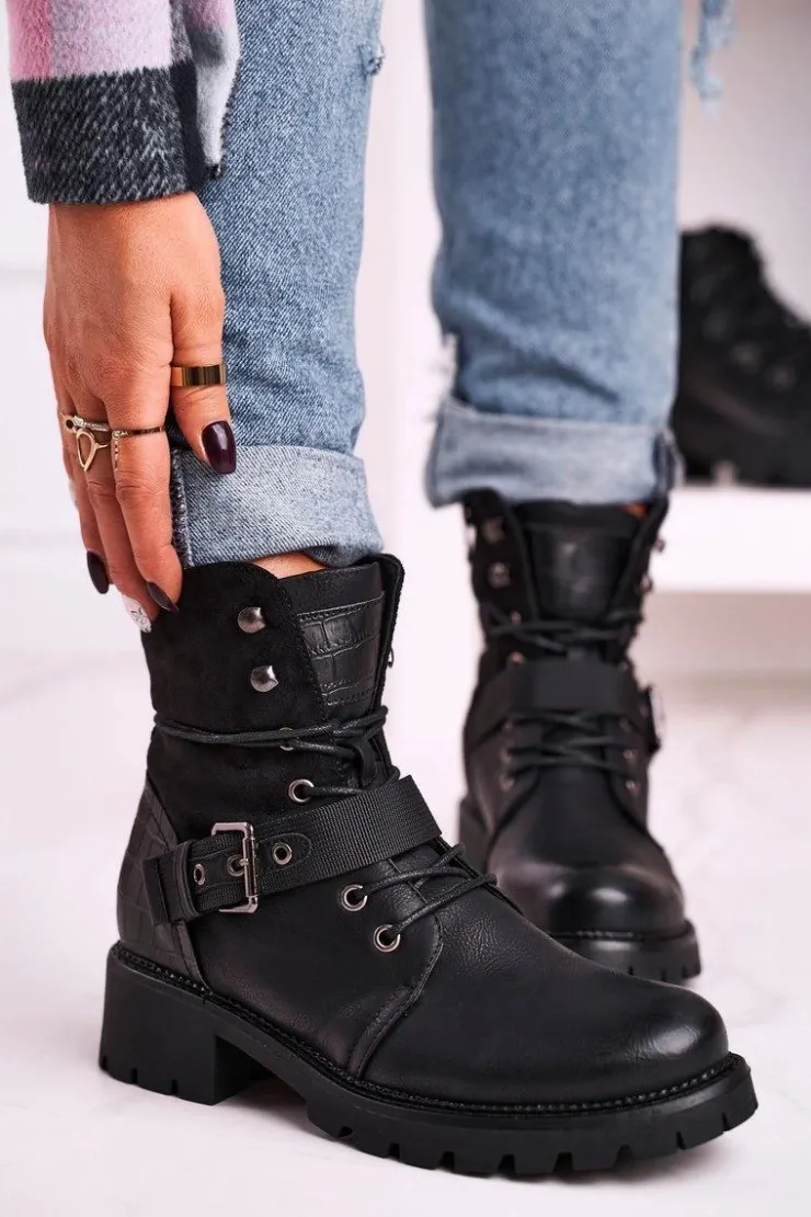 Boto Damskie Trapery|Botki Sznurowane*Damskie Ocieplane Botki Workery Czarne Strong