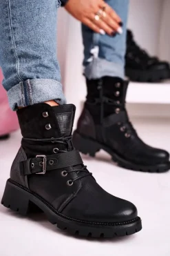 Boto Damskie Trapery|Botki Sznurowane*Damskie Ocieplane Botki Workery Czarne Strong