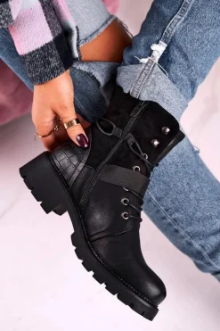 Boto Damskie Trapery|Botki Sznurowane*Damskie Ocieplane Botki Workery Czarne Strong