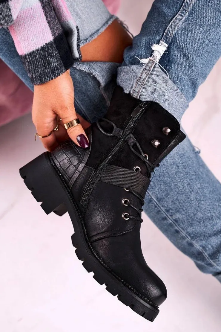 Boto Damskie Trapery|Botki Sznurowane*Damskie Ocieplane Botki Workery Czarne Strong