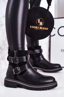 Boto Czarne Botki|Botki Zimowe Damskie*Damskie Ocieplane Botki Workery Czarne Intensity