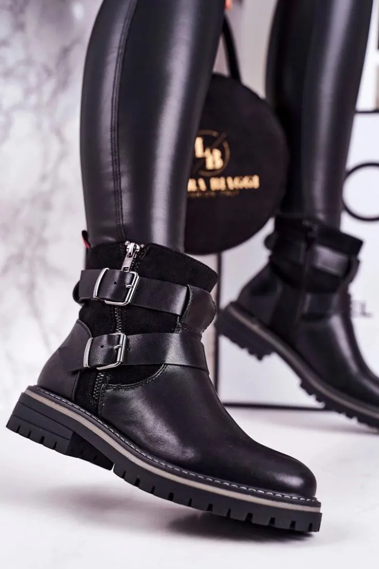 Boto Czarne Botki|Botki Zimowe Damskie*Damskie Ocieplane Botki Workery Czarne Intensity