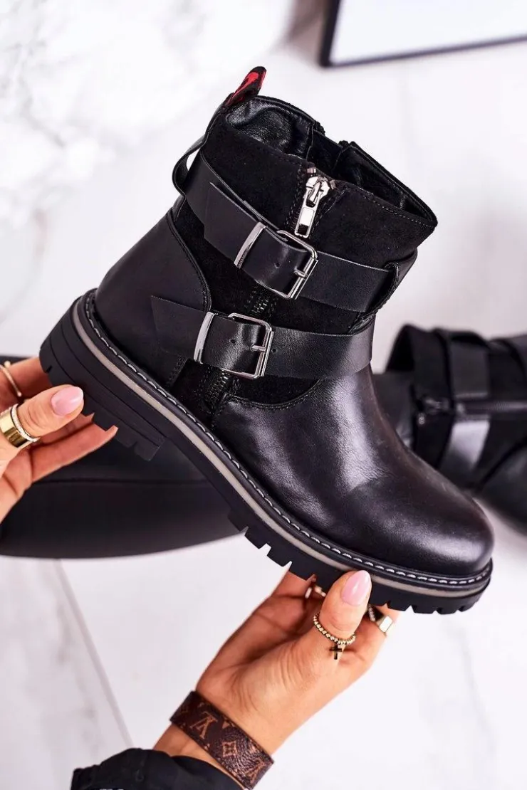 Boto Czarne Botki|Botki Zimowe Damskie*Damskie Ocieplane Botki Workery Czarne Intensity