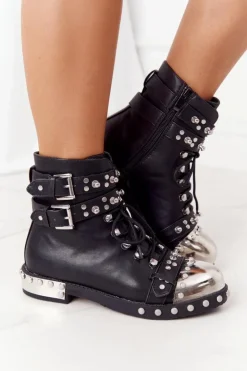 Hot Boto Damskie Ocieplane Botki Workery Z Dżetami Czarne Lu Boo