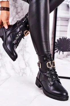 Damskie Boto Damskie Ocieplane Botki Workery Złota Klamra Czarne Vera