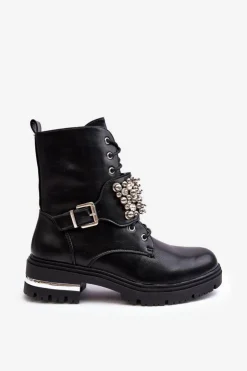 Damskie Boto Damskie Ocieplane Botki Workery Zdobione Czarne Lennen