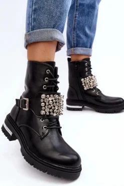 Damskie Boto Damskie Ocieplane Botki Workery Zdobione Czarne Lennen