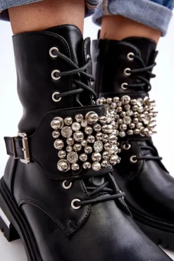 Damskie Boto Damskie Ocieplane Botki Workery Zdobione Czarne Lennen