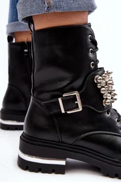 Damskie Boto Damskie Ocieplane Botki Workery Zdobione Czarne Lennen