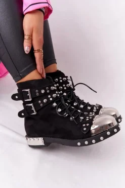 Discount Boto Damskie Ocieplane Botki Workery Z Dżetami Zamszowe Czarne Lu Boo