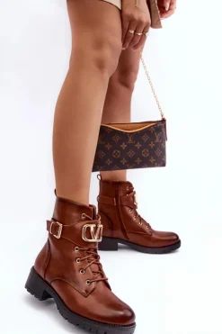 Damskie Boto Damskie Ocieplane Botki Workery Złota Klamra Brązowe Vera