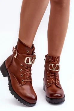 Damskie Boto Damskie Ocieplane Botki Workery Złota Klamra Brązowe Vera