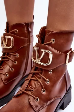 Damskie Boto Damskie Ocieplane Botki Workery Złota Klamra Brązowe Vera