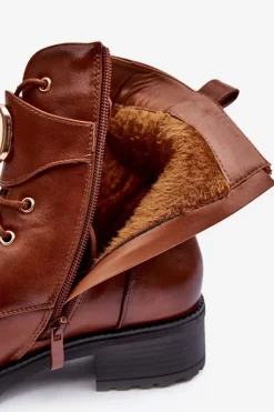 Damskie Boto Damskie Ocieplane Botki Workery Złota Klamra Brązowe Vera