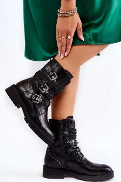 Boto Botki Sznurowane|Czarne Botki*Damskie Ocieplane Botki Z Paskami Wężowe Czarne Lamberta