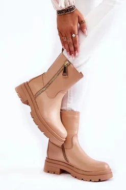 Damskie Boto Damskie Ocieplane Botki Z Suwakami Nude Jette