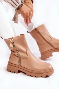 Damskie Boto Damskie Ocieplane Botki Z Suwakami Nude Jette