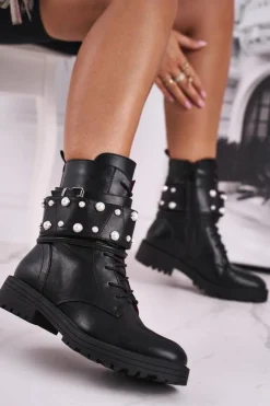 Boto Damskie Ocieplane Botki z Perełkami Czarne Mishigan