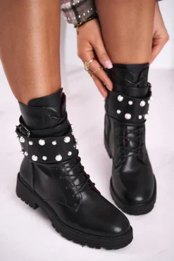 Boto Damskie Ocieplane Botki z Perełkami Czarne Mishigan