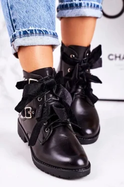 Boto Botki Sznurowane|Czarne Botki*Damskie Ocieplane Botki Z Klamrami I Wstążką Czarne Special