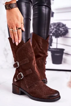 Damskie Boto Damskie Ocieplane Botki Z Klamrami Brązowe Cassidy