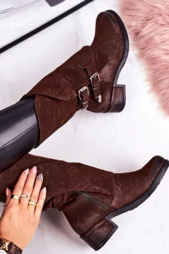 Damskie Boto Damskie Ocieplane Botki Z Klamrami Brązowe Cassidy