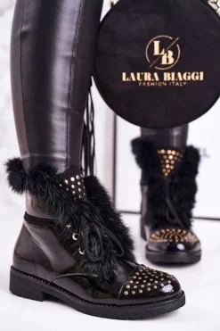 Hot Boto Damskie Ocieplane Botki Z Dżetami I Futerkiem Lakierowane Glam