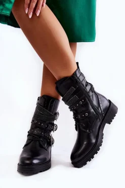 Hot Boto Damskie Ocieplane Botki Z Paskami Gładkie Czarne Lamberta