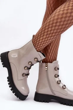 Best Damskie buty S.Barski Damskie Ocieplane Botki Z Ozdobnymi Guzikami D&A MR870-51 Jasnobeżowe Beżowy