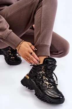 Sale Boto Damskie Ocieplane Buty Sportowe Trapery Sznurowane Czarne Bastini